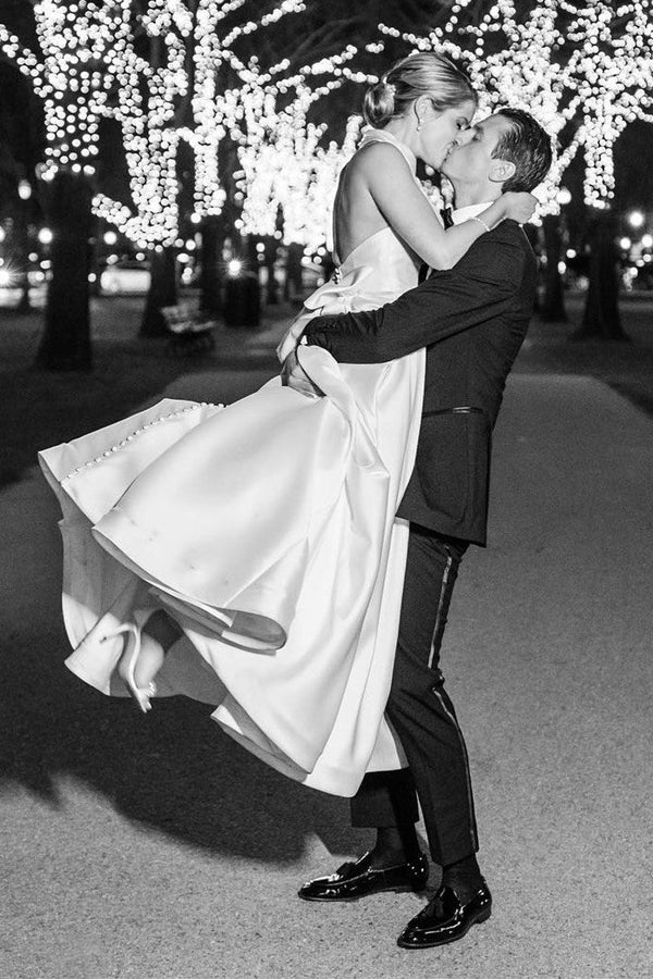 Buyishang White Halter A-line Satin Wedding Dress with Buttons