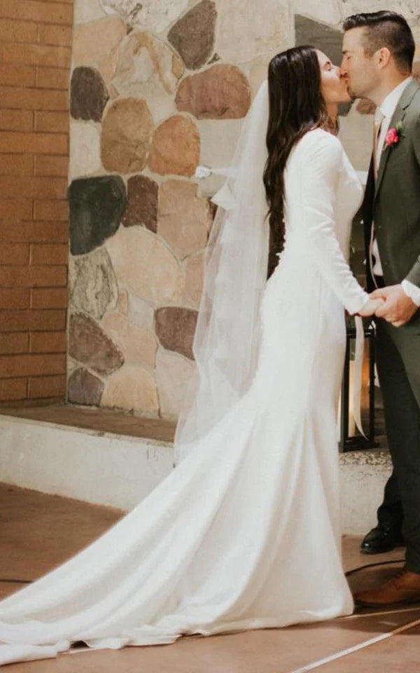 Buyishang Satin Chapel Train Mermaid Long Sleeve Wedding Dress