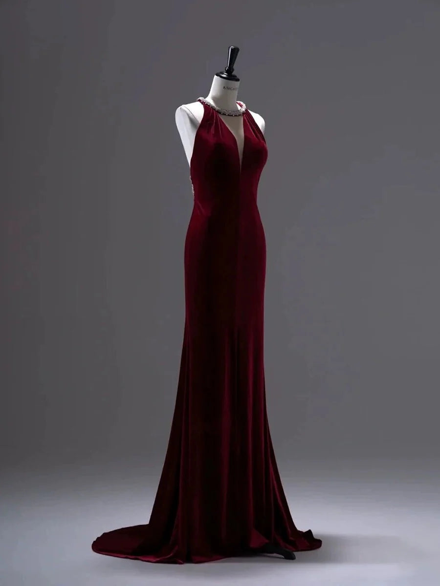 Buyishang Pretty Mermaid Burgundy Velvet Long Backless Evening Dress Prom Dresses