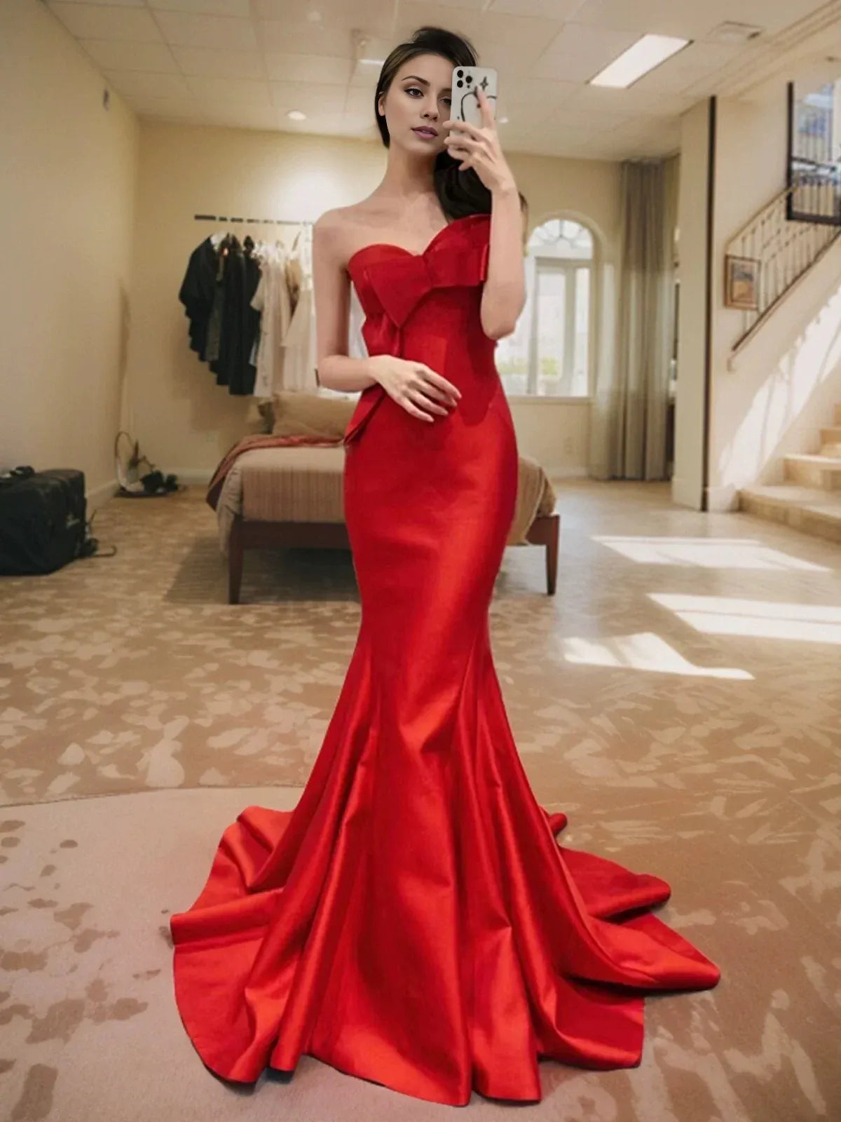 Buyishang Pretty Mermaid Sweetheart Satin Long Red Prom Dress Evening Dress Formal Dress