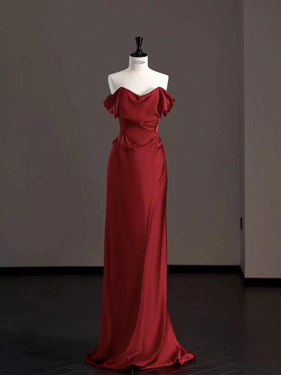 Buyishang Classy Mermaid Off The Shoulder Red Satin Long Evening Gowns Prom Dress