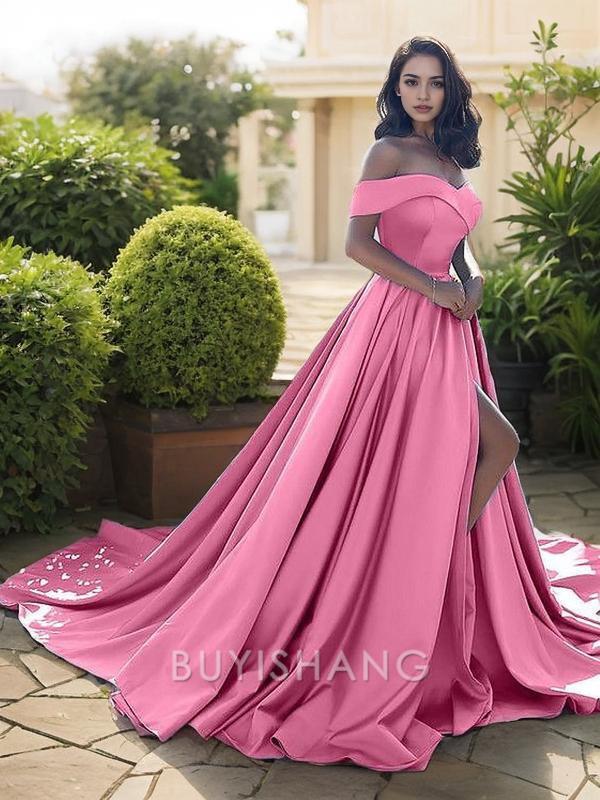 Buyishang Simple A-Line/Princess Off-the-Shoulder Court Train Satin Evening Dresses With Leg Slit formal wear dresses