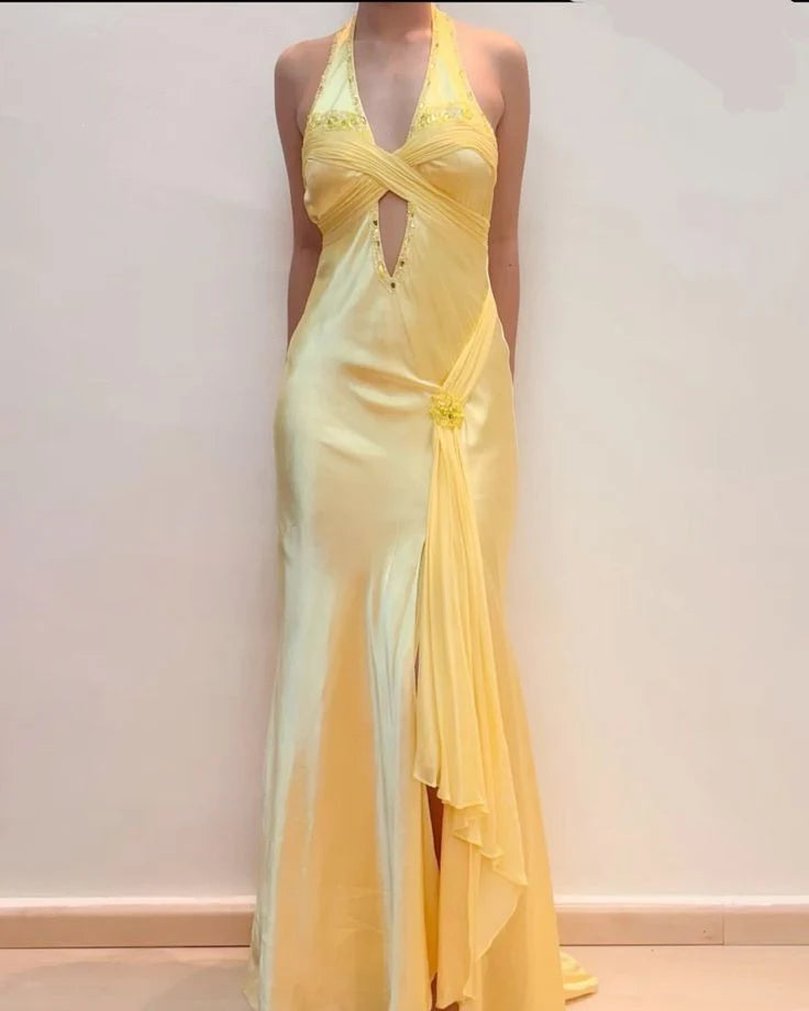 Buyishang Elegant Simple Pretty Mermaid V Neckline Satin Yellow Long Prom Dresses Formal Evening Dresses