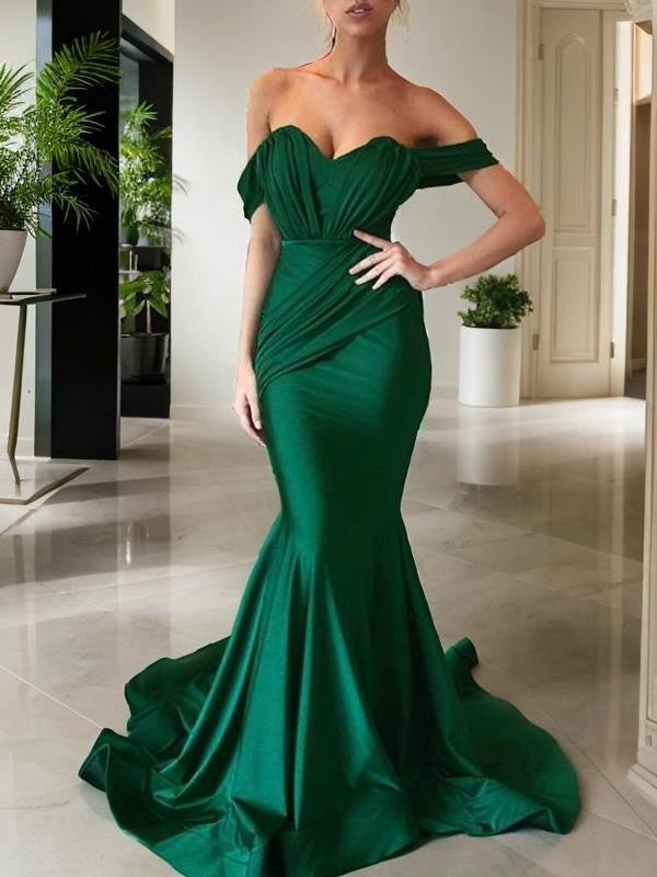 Buyishang Simple Trumpet/Mermaid Off-the-Shoulder Sweep Train Jersey Prom Dresses With Ruffles formal wear dresses