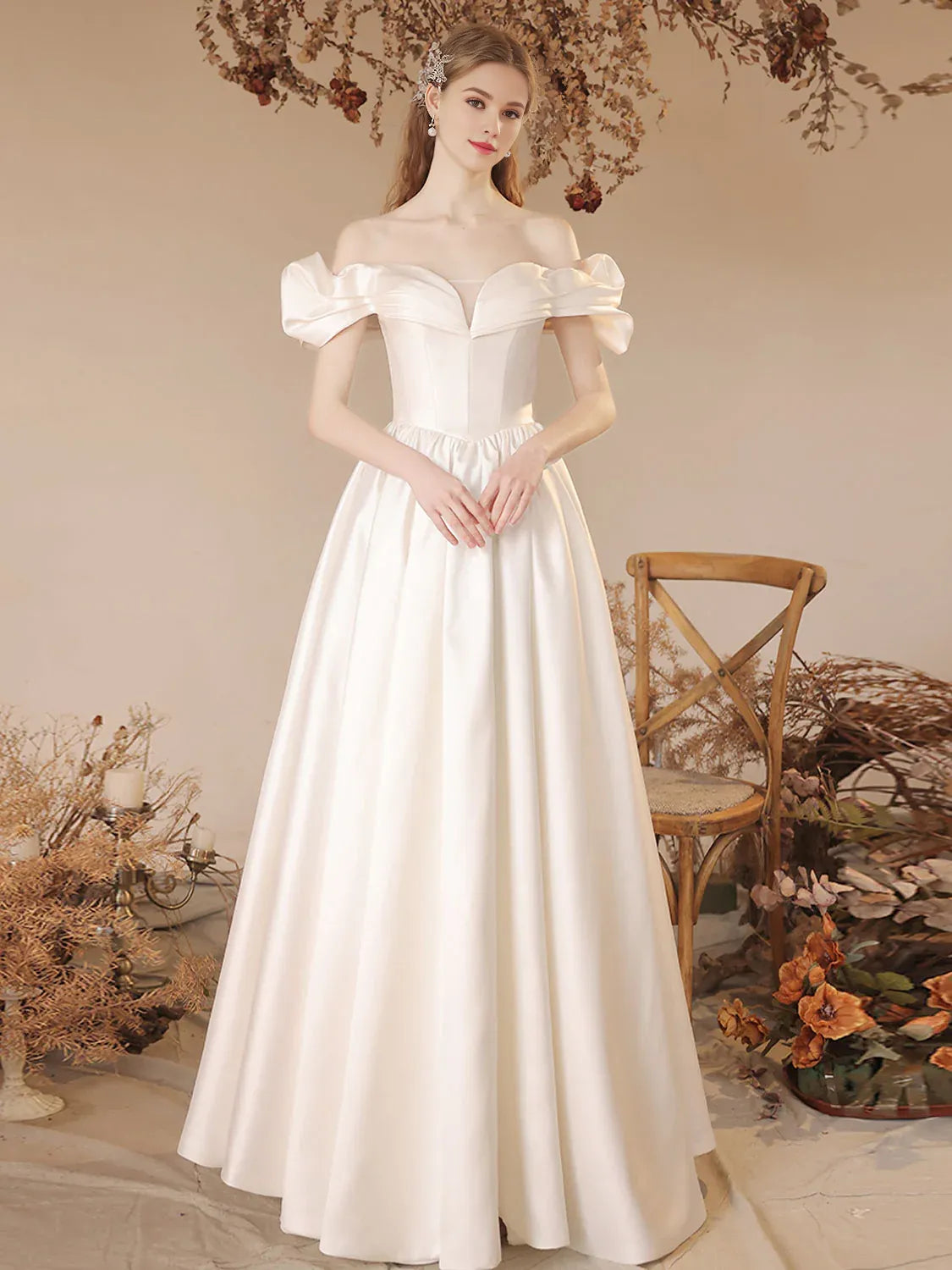 Buyishang A-Line Off Shoulder Satin Beige Long Prom Dress Beige Formal Evening Dress prom dresses shops ﻿