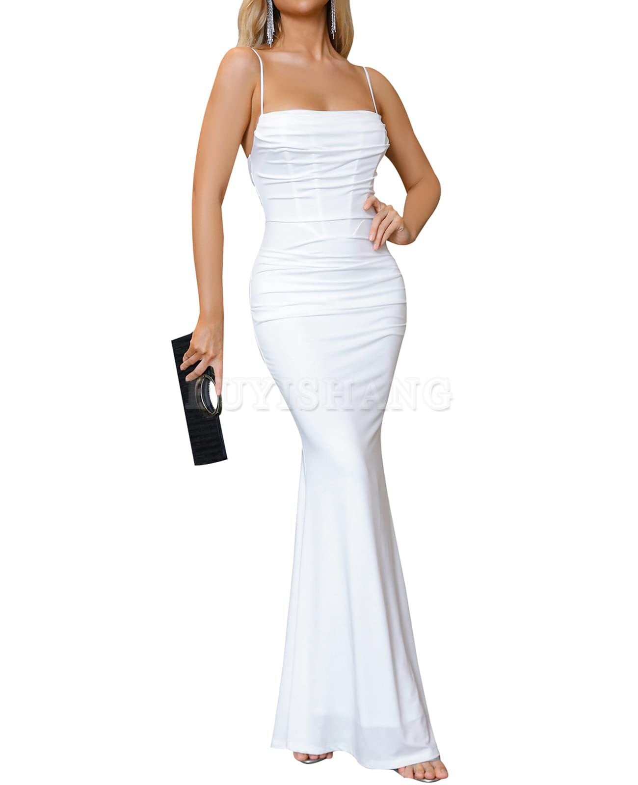 Buyishang Women's Sleeveless Bodycon Corset Maxi Dress Spaghetti Strap Ruched Elegant Evening Party Long Dresses prom dress shop