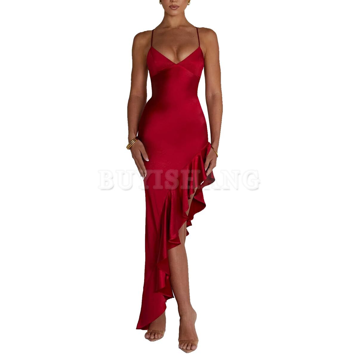 Buyishang Women's Sexy Satin Spaghetti Strap V Neck Backless Side High Split Ruffle Hem Evening Party Cocktail Maxi Dress prom dress shop