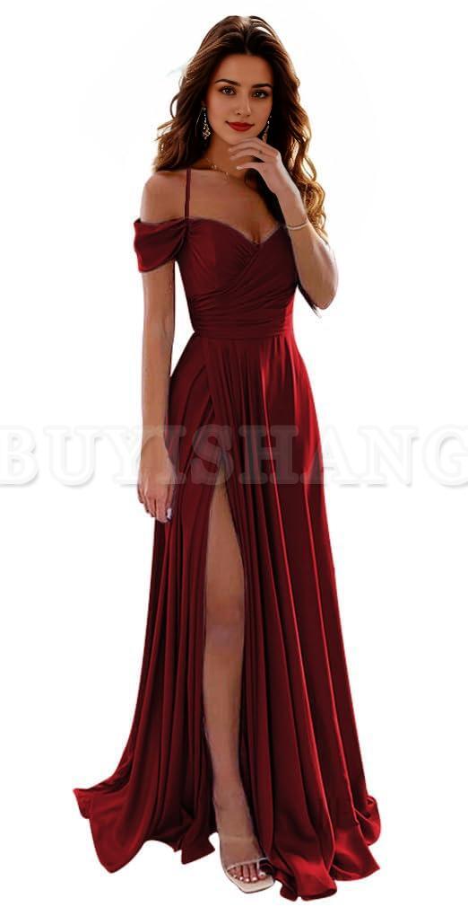Buyishang Off Shoulder Satin Bridesmaid Dresses Spaghetti Strap Long Ruched A Line Formal Prom Dress with Slit prom dress shop