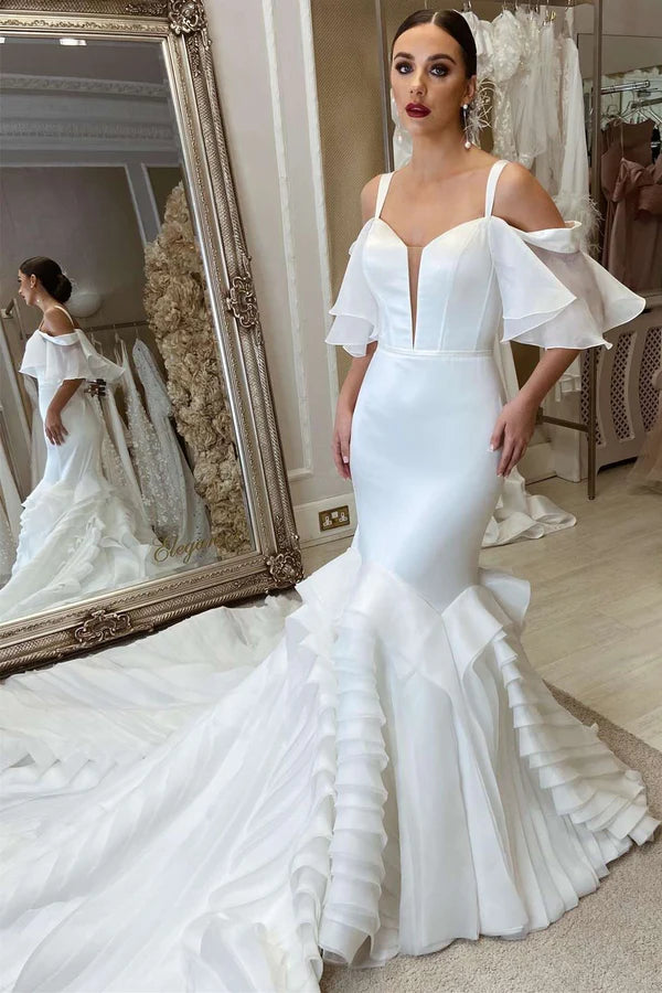 Buyishang White Spaghetti Straps Mermaid Sweetheart Long Wedding Dress