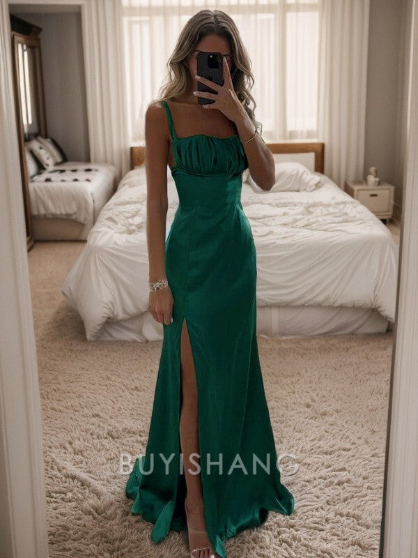 Buyishang Simple Sheath/Column Silk like Satin Ruched Spaghetti Straps Sleeveless Sweep/Brush Train Dresses