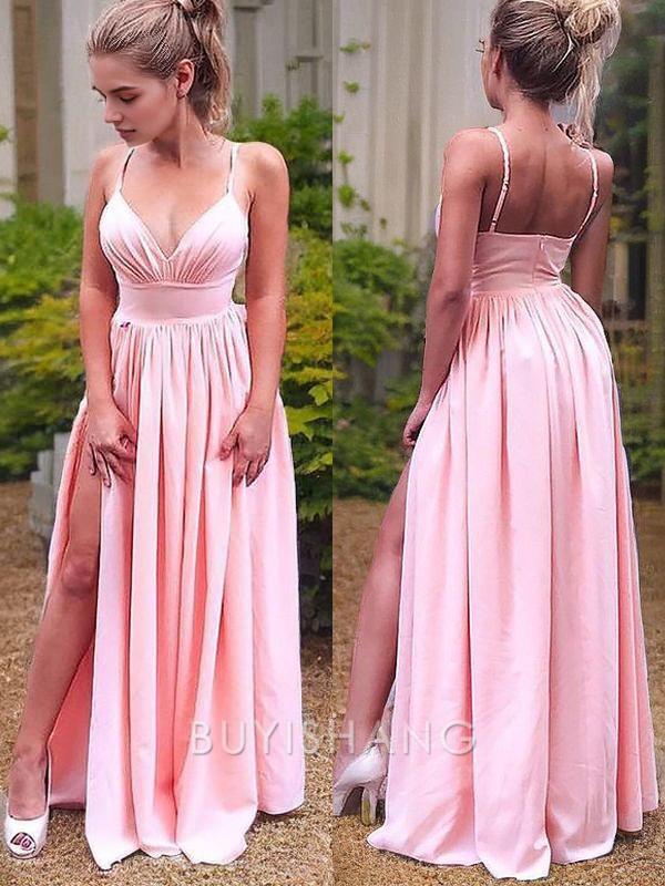 Buyishang Simple A-Line/Princess Straps Floor-Length Stretch Crepe Prom Dresses With Leg Slit formal wear dresses