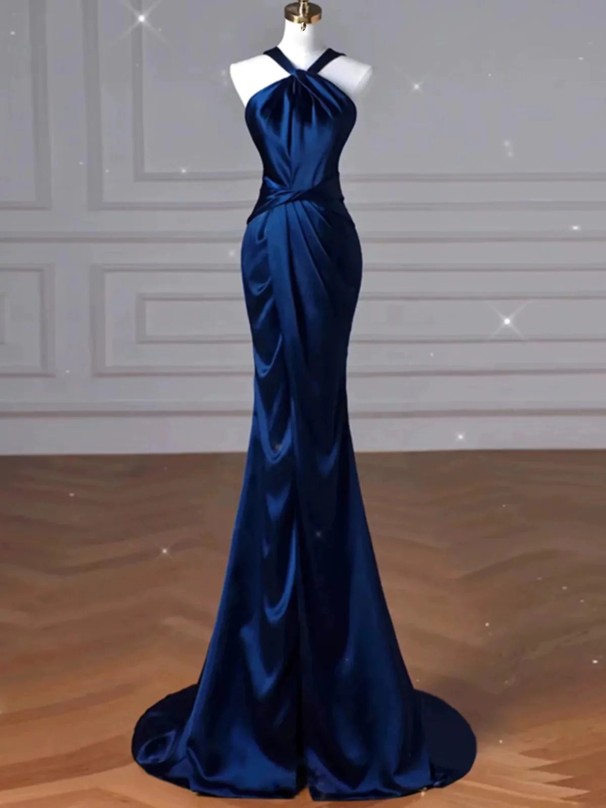 Buyishang Pretty Mermaid Halter Navy Blue Long Prom Dress Evening Dress Formal Dress