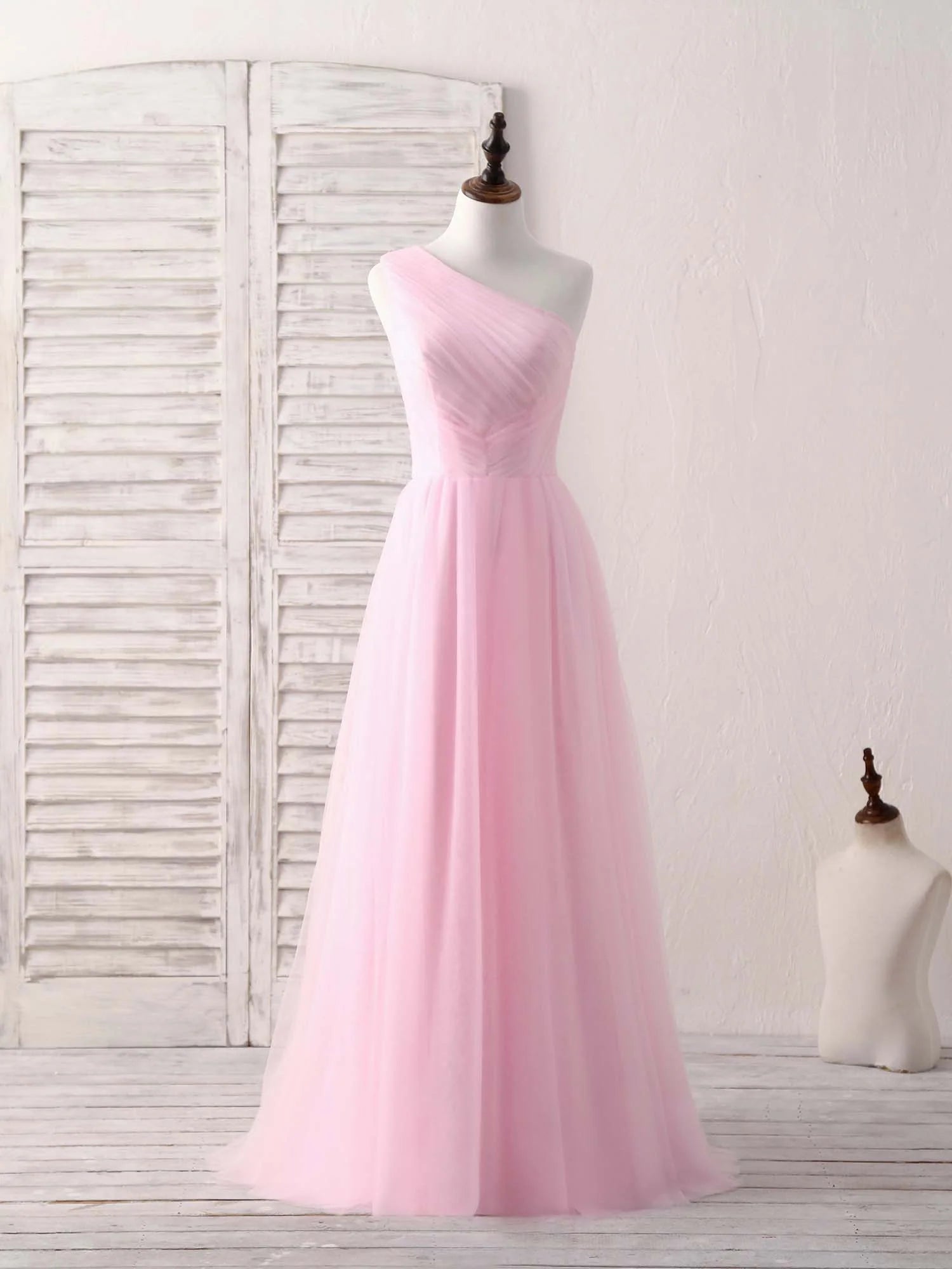 Buyishang Pink Tulle One Shoulder Long Prom Dress Pink Bridesmaid Dress Bridesmaid dress shop