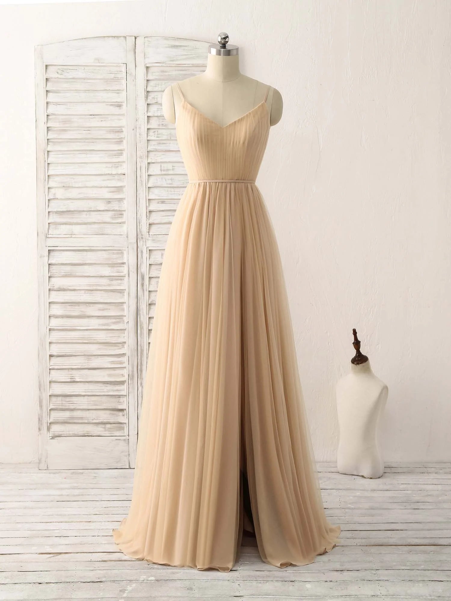 Buyishang Simple V Neck Tulle Chiffon Long Prom Dress Champagne Bridesmaid Dress Bridesmaid dress shop
