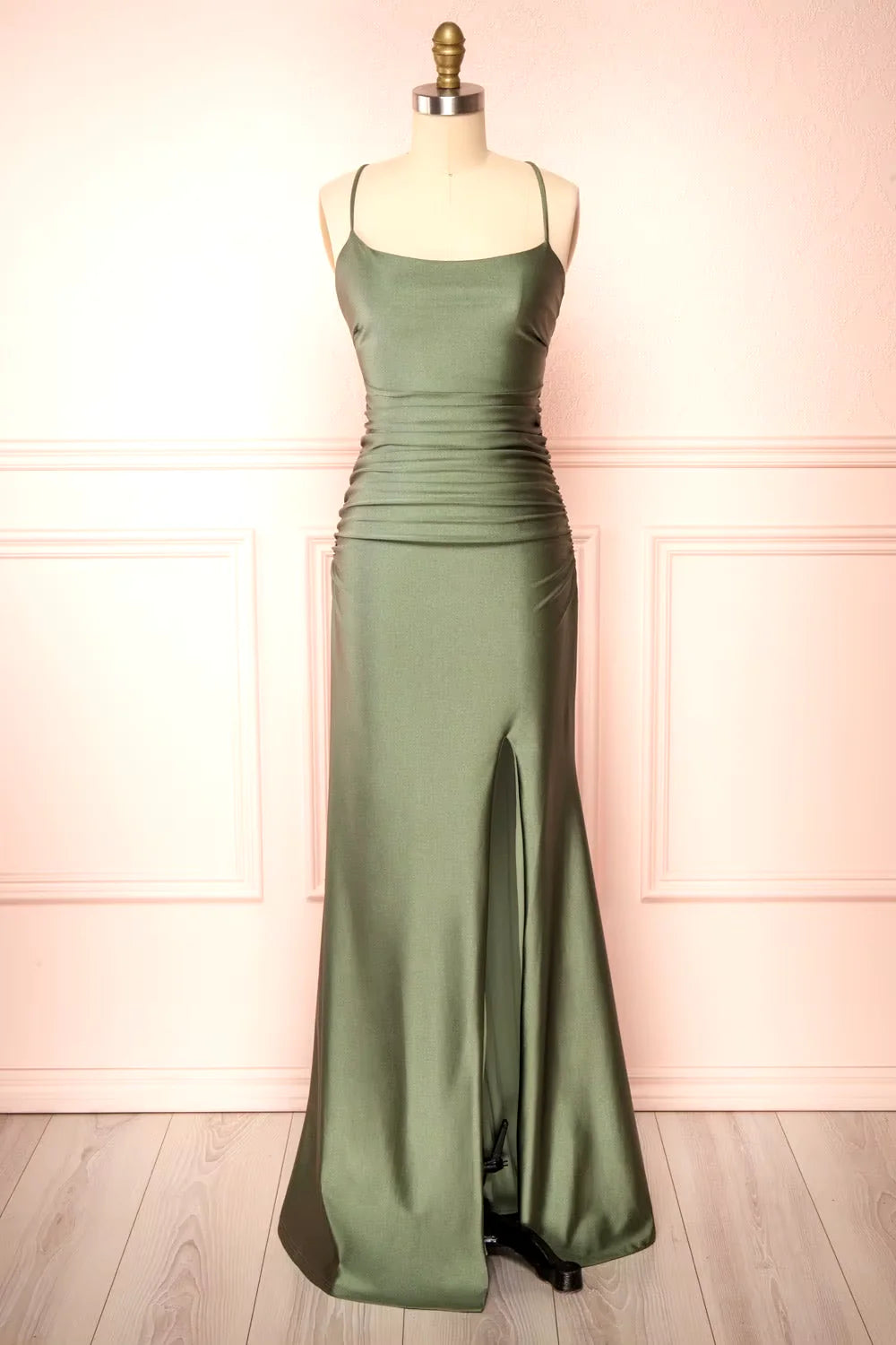Buyishang Elegant Modest Sheath Olive Green Backless Long Prom Dresses Formal Graduation Party Dress Evening Dress