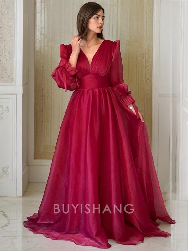 Buyishang Simple A-Line/Princess V-neck Sweep Train Organza Evening Dresses With Ruffles formal wear dresses