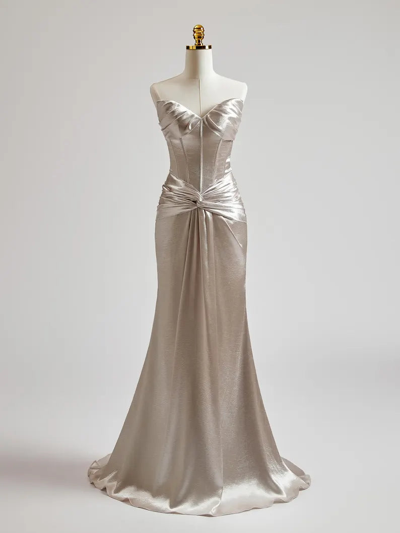 Buyishang Silver Prom Dress with Cris Cross on Waist Long Prom Dress Mermaid Prom Dress Formal Evening Gown Colored Wedding Dress