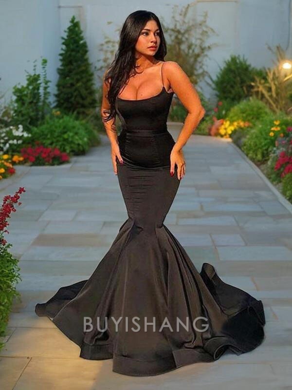 Buyishang Simple Trumpet/Mermaid Spaghetti Straps Sweep Train Satin Evening Dresses With Ruffles formal wear dresses