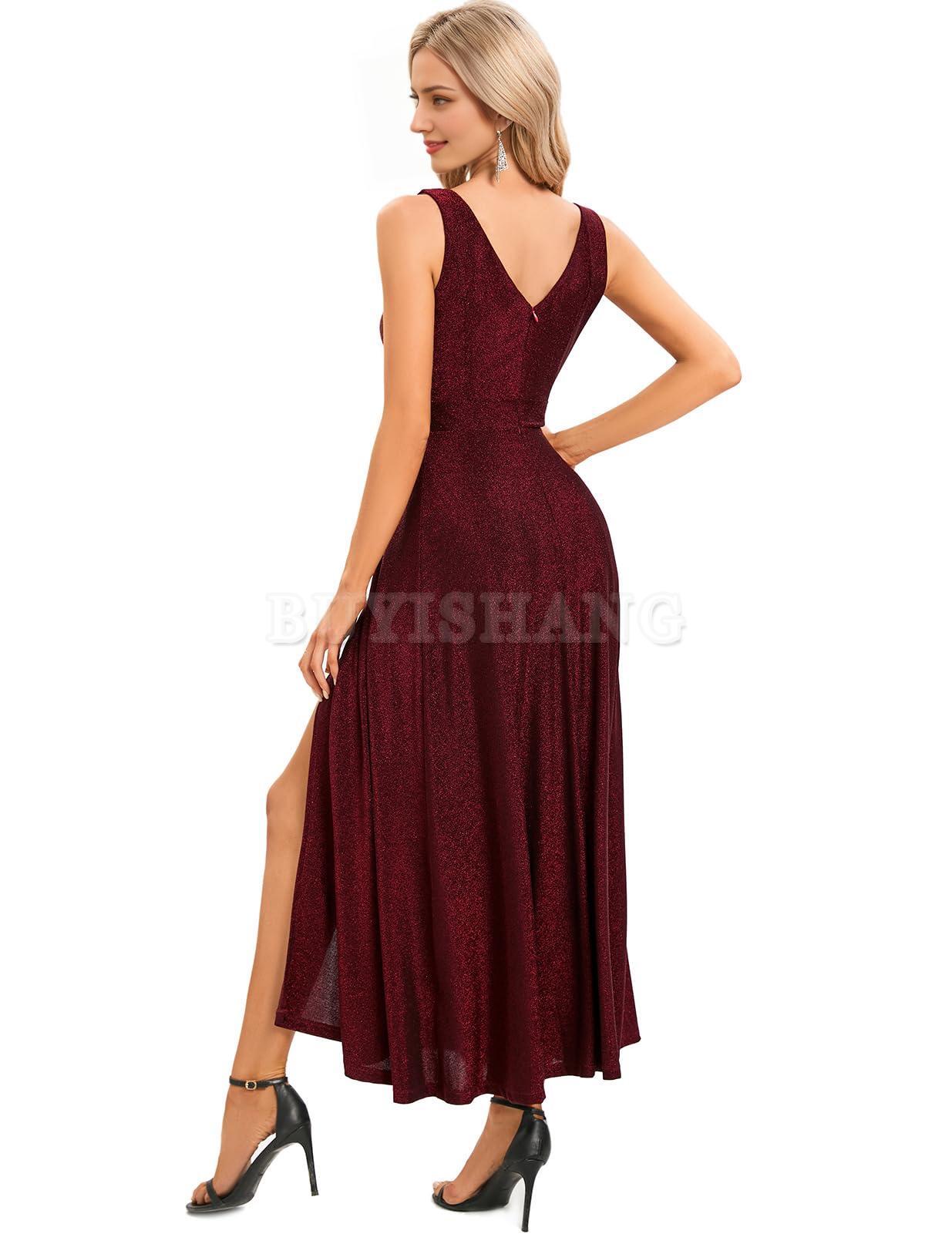 Buyishang Cocktail Slit Dress Evening Party Long Prom V Neck Split Wedding Guest Dresses prom dress shop