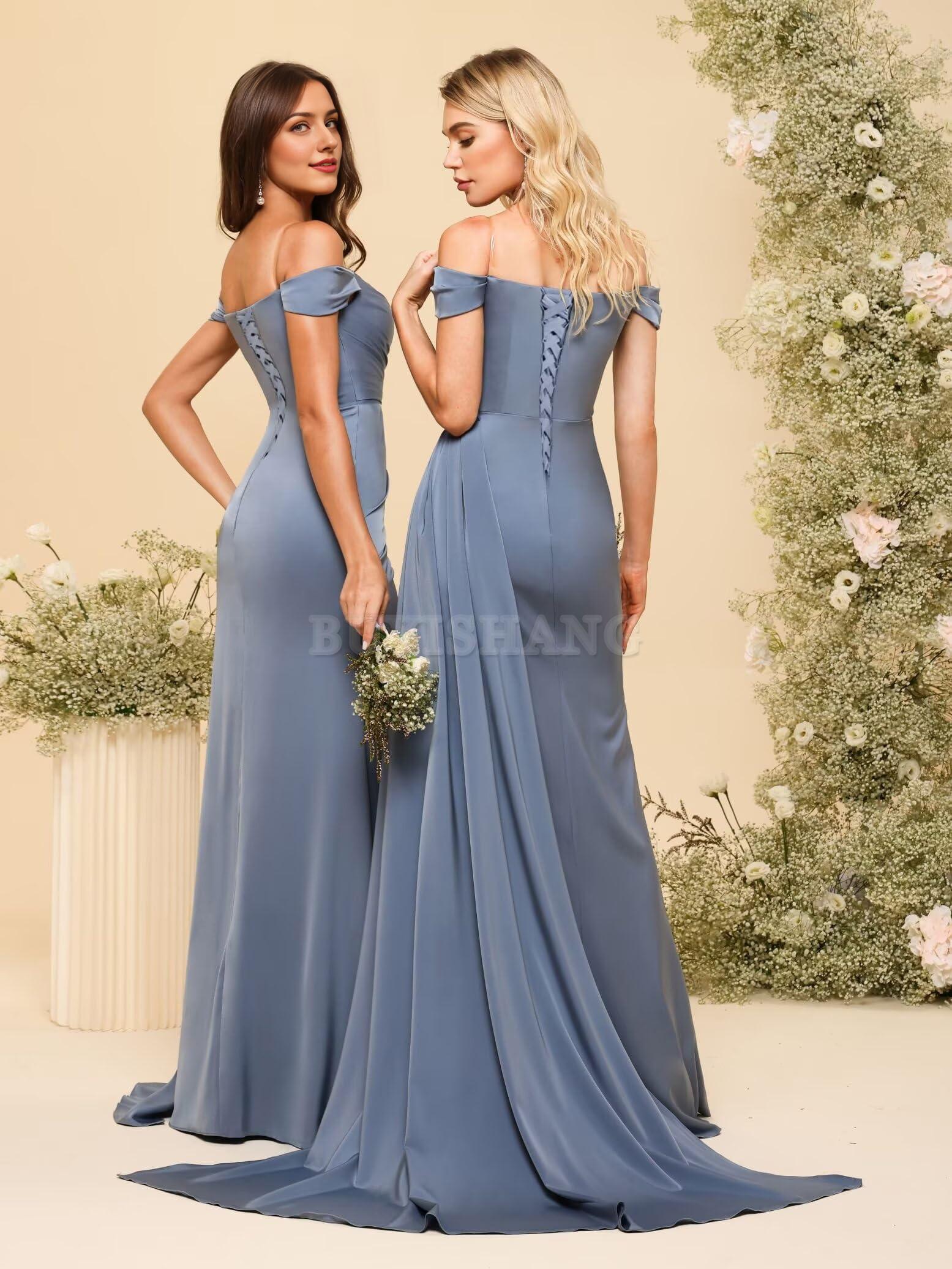 Buyishang Women's Off Shoulder Ruched Bridesmaid Dresses Long with Slit Satin Formal Prom Dress prom dress shop