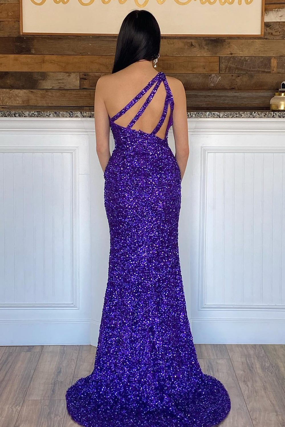 Sheath One Shoulder Purple Sequins Long Prom Dress with Silt