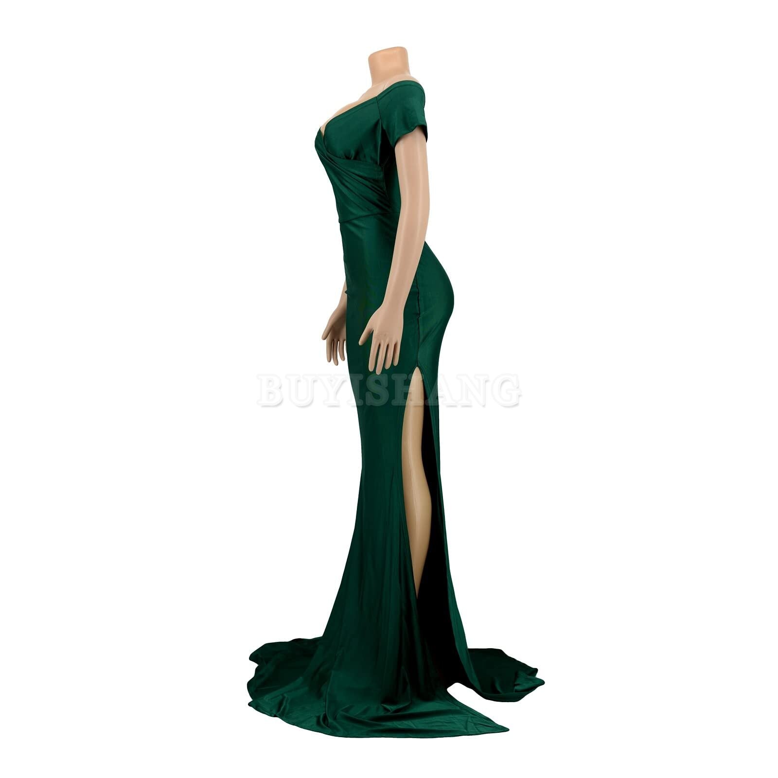 Buyishang Womens Sexy Party Maxi Dress Short Sleeve Off Shoulder V Neck Wrap Side Split Bodycon Evening Cocktail Dresses prom dress shop