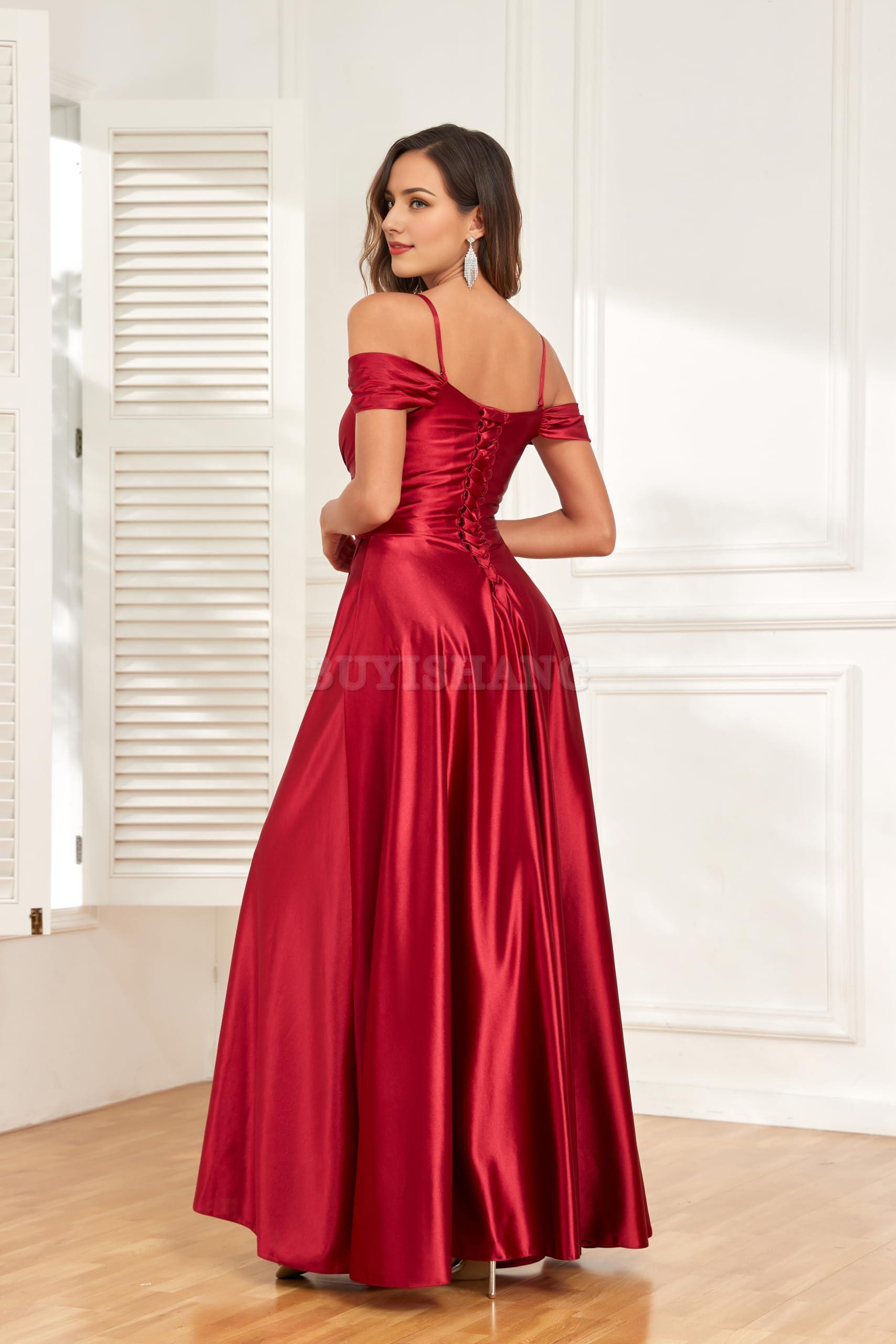 Buyishang Off Shoulder Satin Bridesmaid Dresses Spaghetti Strap Long Ruched A Line Formal Prom Dress with Slit prom dress shop