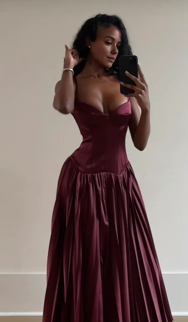 Buyishang Elegant Beautiful A line Spaghetti Straps Burgundy Long Satin Party Dresses Prom Dress