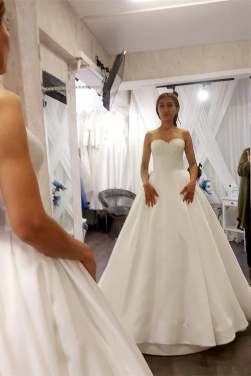 Buyishang Ivory Satin Sweetheart A-Line Sleeveless Wedding Dress