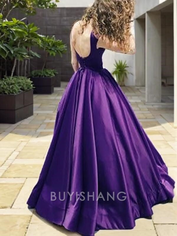 Buyishang Simple A-Line/Princess Bateau Floor-Length Satin Prom Dresses With Ruffles formal wear dresses