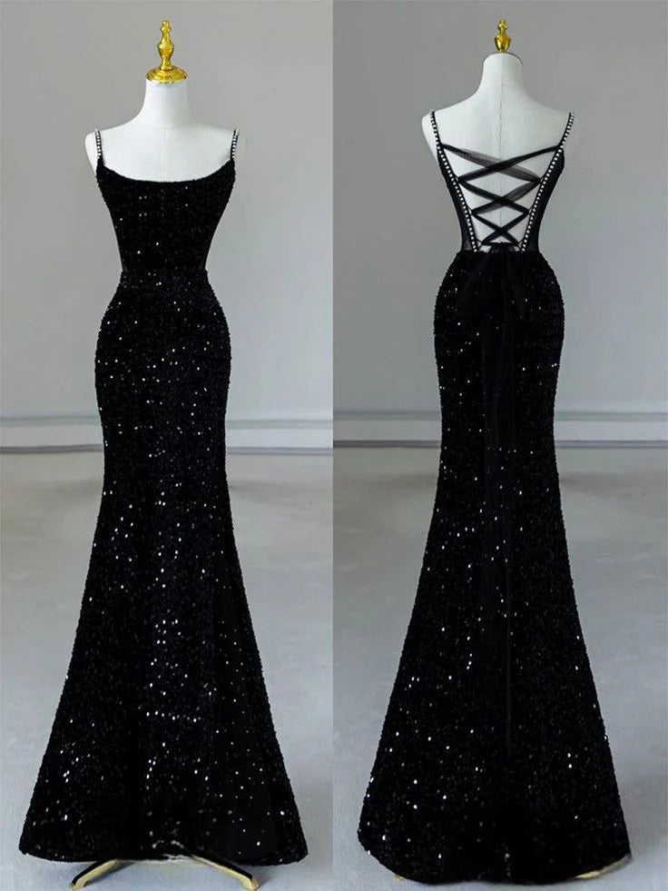 Buyishang Elegant Sexy Mermaid Spaghetti Straps Sequin Black Long Prom Dresses