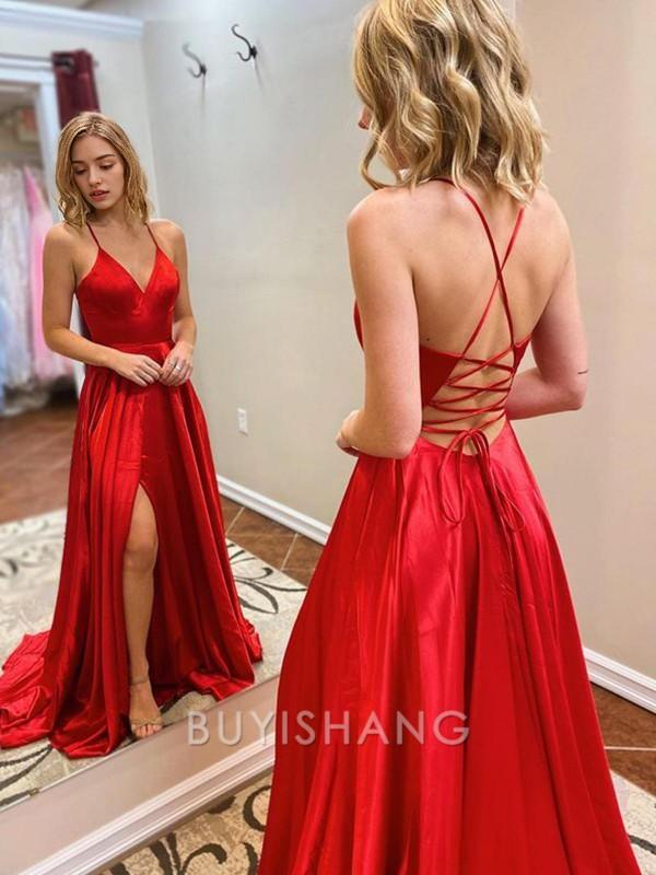 Buyishang Simple A-Line/Princess V-neck Sweep Train Silk Like Satin Evening Dresses With Leg Slit formal wear dresses
