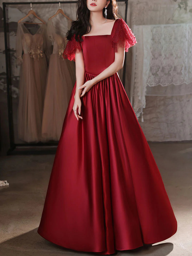 Buyishang Simple Burgundy Satin Long Prom Dress Burgundy Bridesmaid Dress prom dress in store