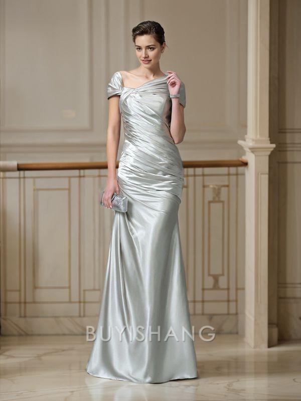 Buyishang Simple Sheath/Column Off-the-Shoulder Floor-Length Silk like Satin Evening Dresses With Pleated formal wear dresses