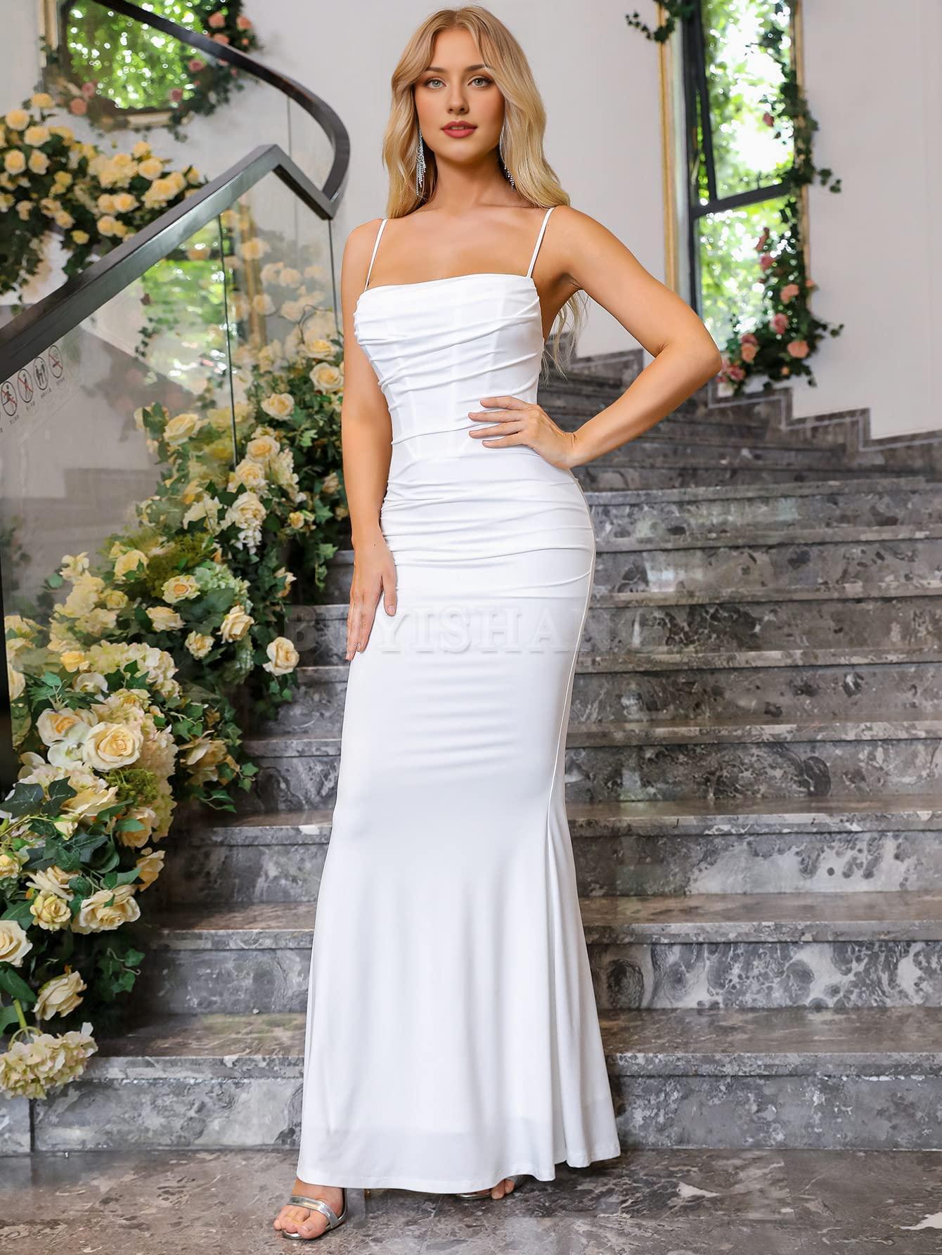 Buyishang Women's Sleeveless Bodycon Corset Maxi Dress Spaghetti Strap Ruched Elegant Evening Party Long Dresses prom dress shop