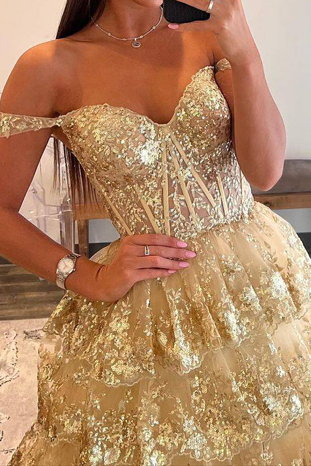 Princess A Line Off the Shoulder Golden Long Prom Dress with Ruffles