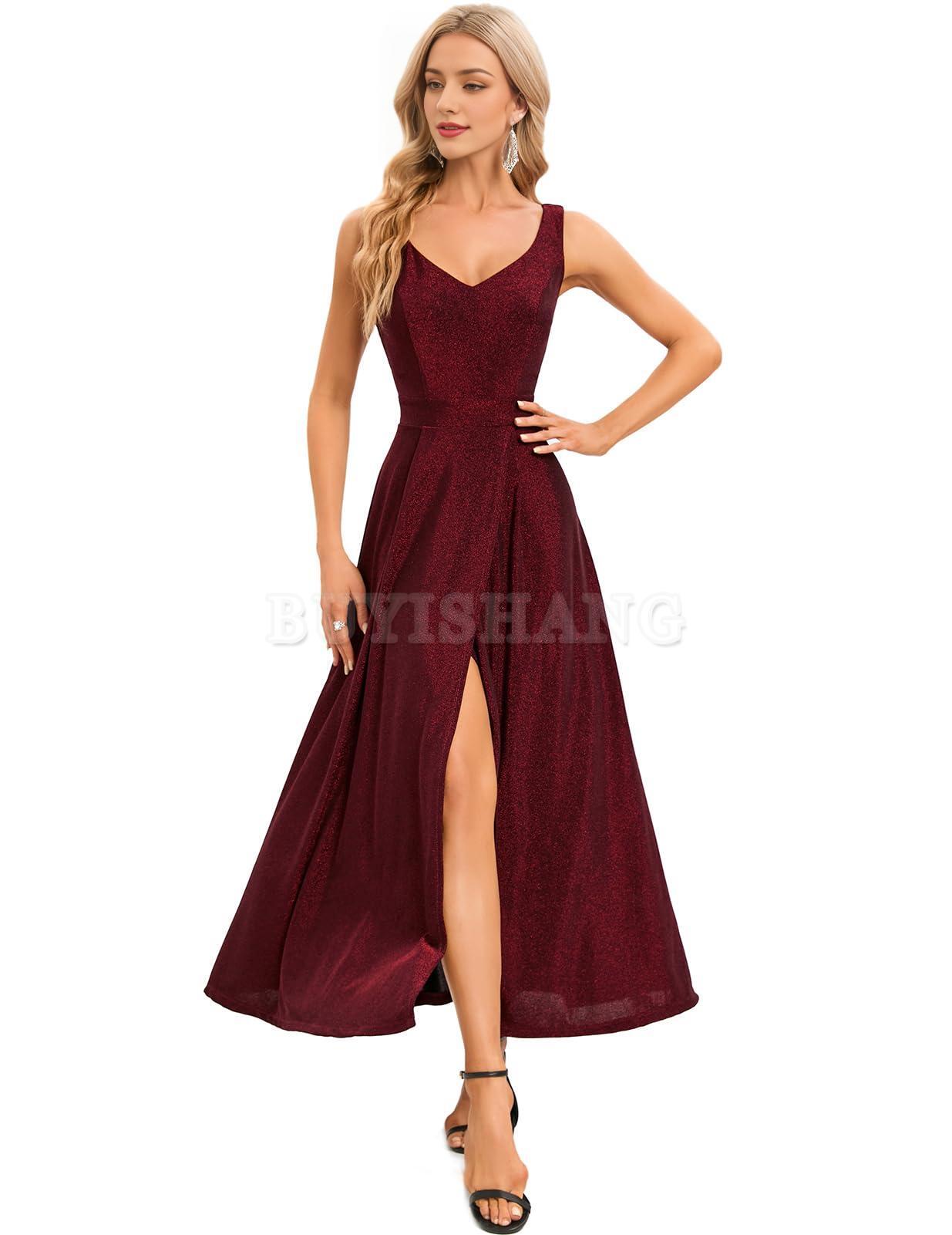 Buyishang Cocktail Slit Dress Evening Party Long Prom V Neck Split Wedding Guest Dresses prom dress shop