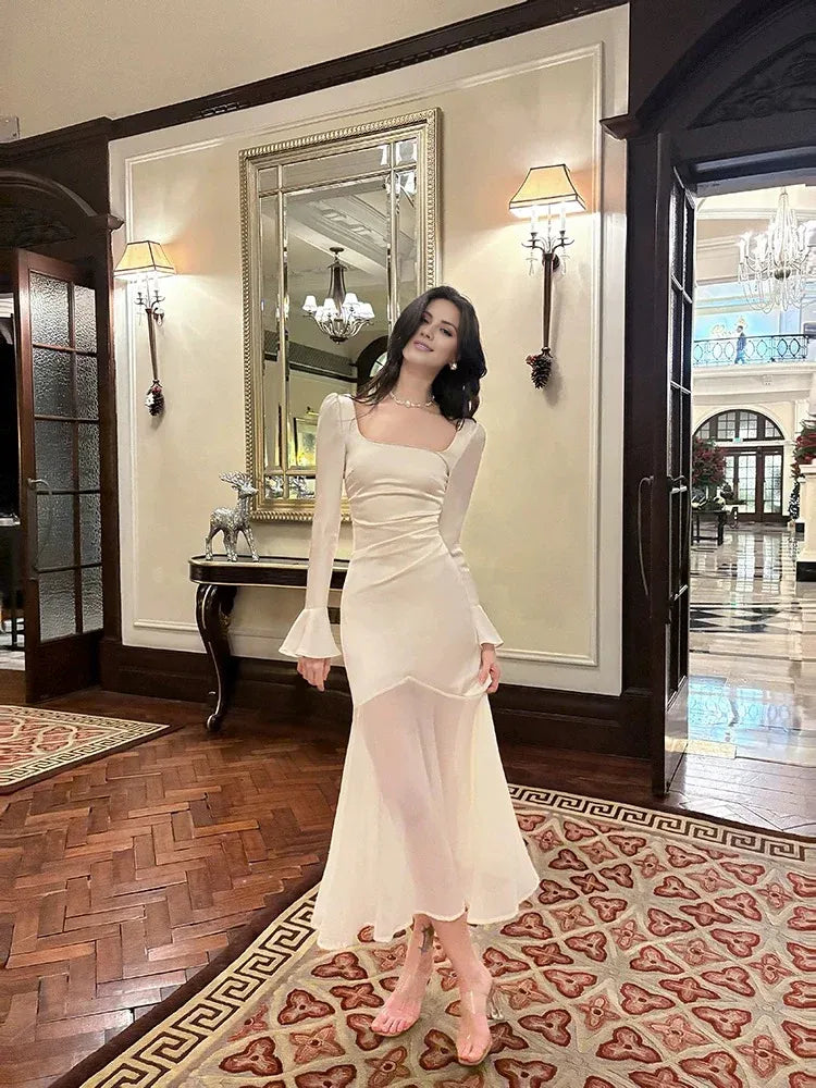 Buyishang Pretty Mermaid Squere Neckline Satin Ankle Length Evening Dress Prom Dresses