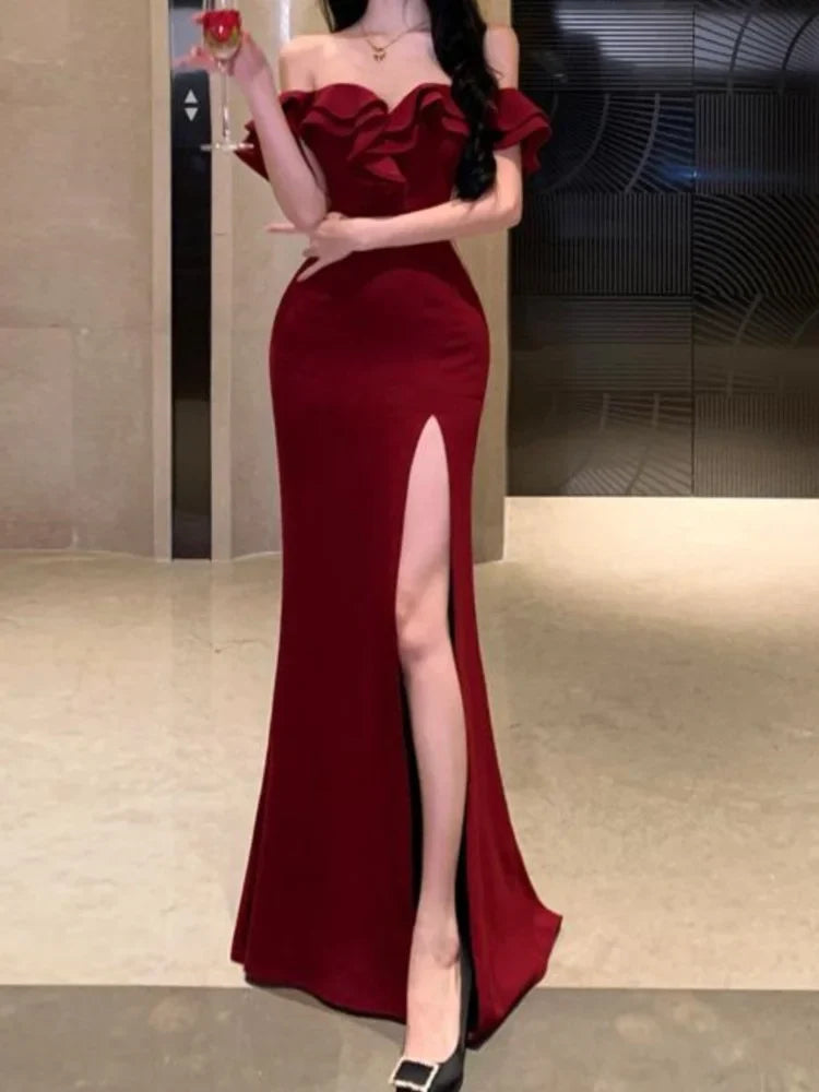Buyishang Mermaid Off The Shoulder Floor-length Burgundy Satin Slit Prom Dresses