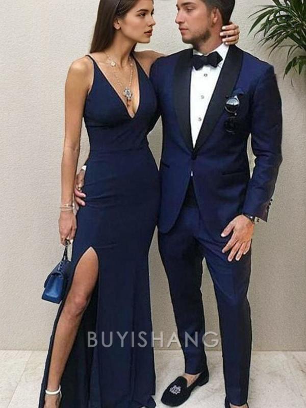 Buyishang Simple Sheath/Column Straps Floor-Length Stretch Crepe Prom Dresses With Leg Slit formal wear dresses