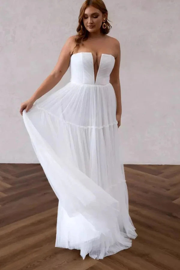 Buyishang A Line V Neck Chiffon Long Wedding Dresses with Sweep Train