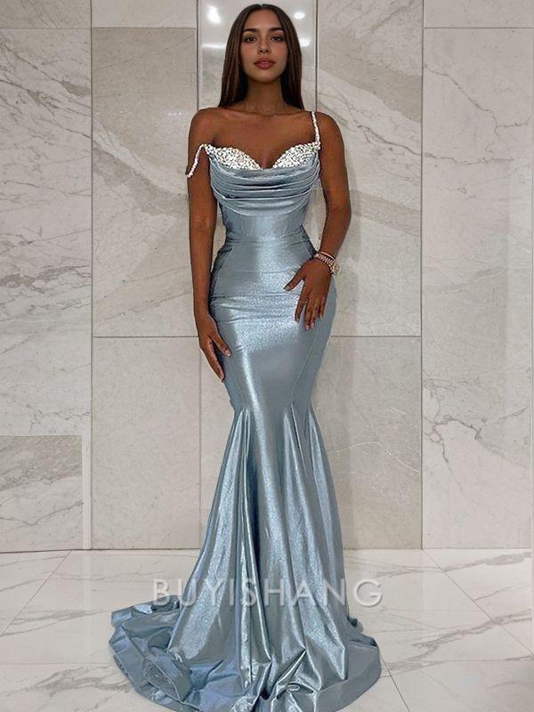 Buyishang Simple Trumpet/Mermaid Straps Sweep Train Prom Dresses With Ruffles formal wear dresses