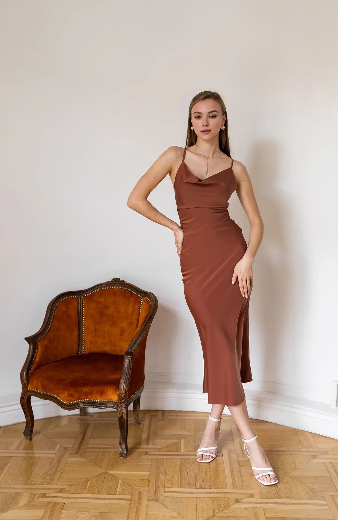 Buyishang Terra cotta dress Autumn bridesmaid dress Formal dress low back Cowl neck satin dress Satin dress woman Simple formal dress Chloe dress