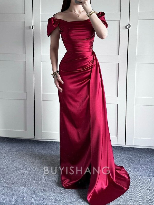 Buyishang Simple Sheath/Column Scoop Short Sleeves Sweep Train Dress