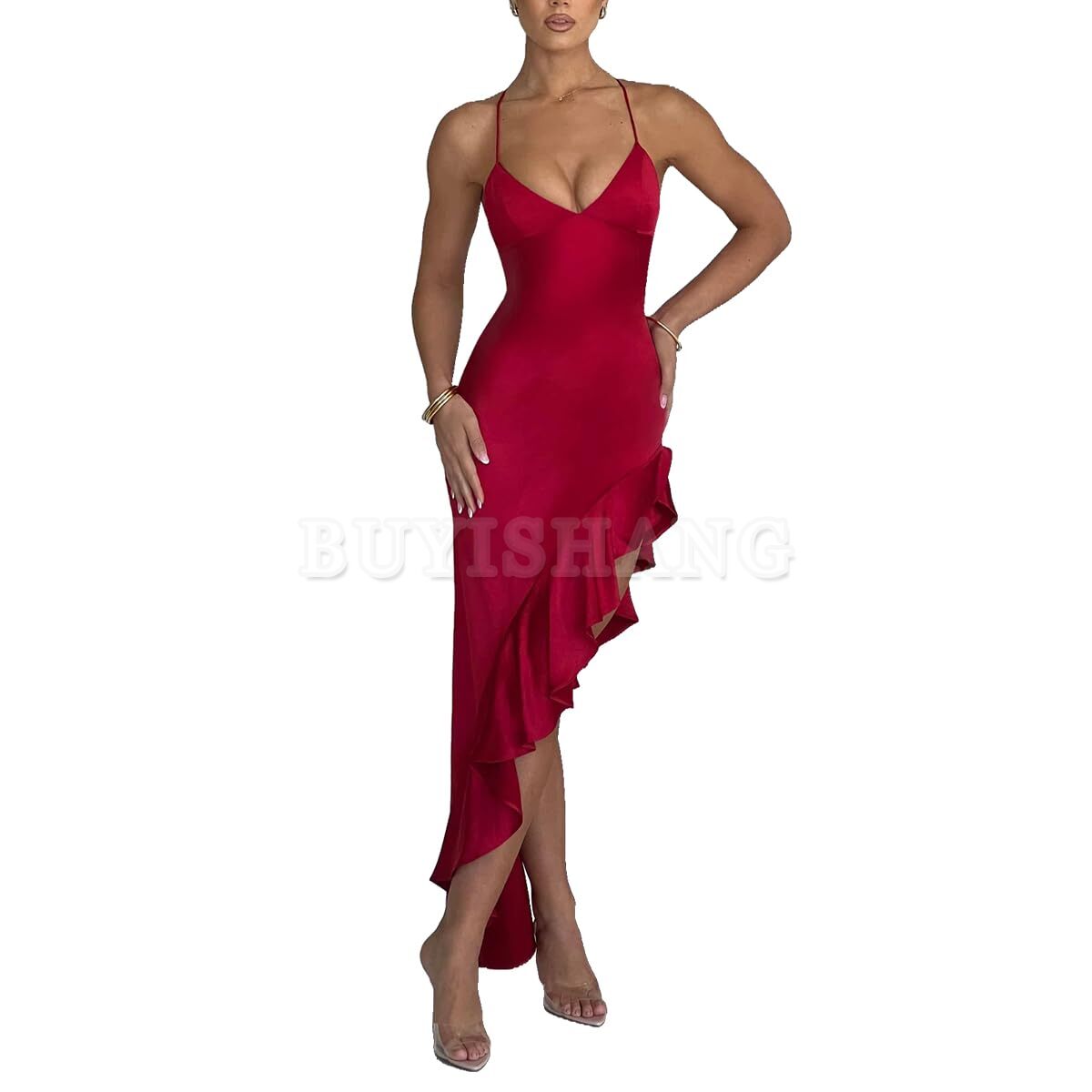 Buyishang Women's Sexy Satin Spaghetti Strap V Neck Backless Side High Split Ruffle Hem Evening Party Cocktail Maxi Dress prom dress shop