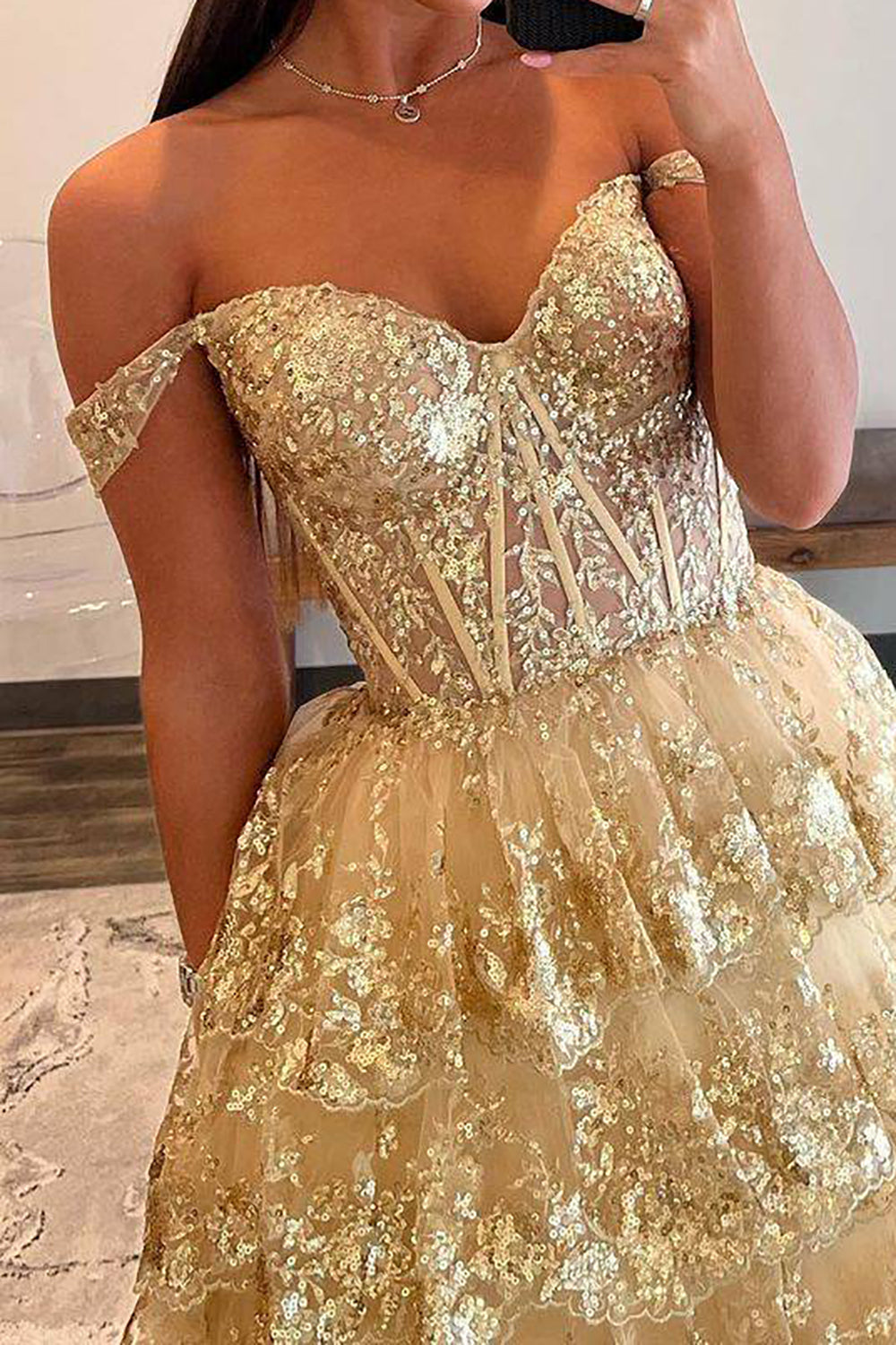 Princess A Line Off the Shoulder Golden Long Prom Dress with Ruffles