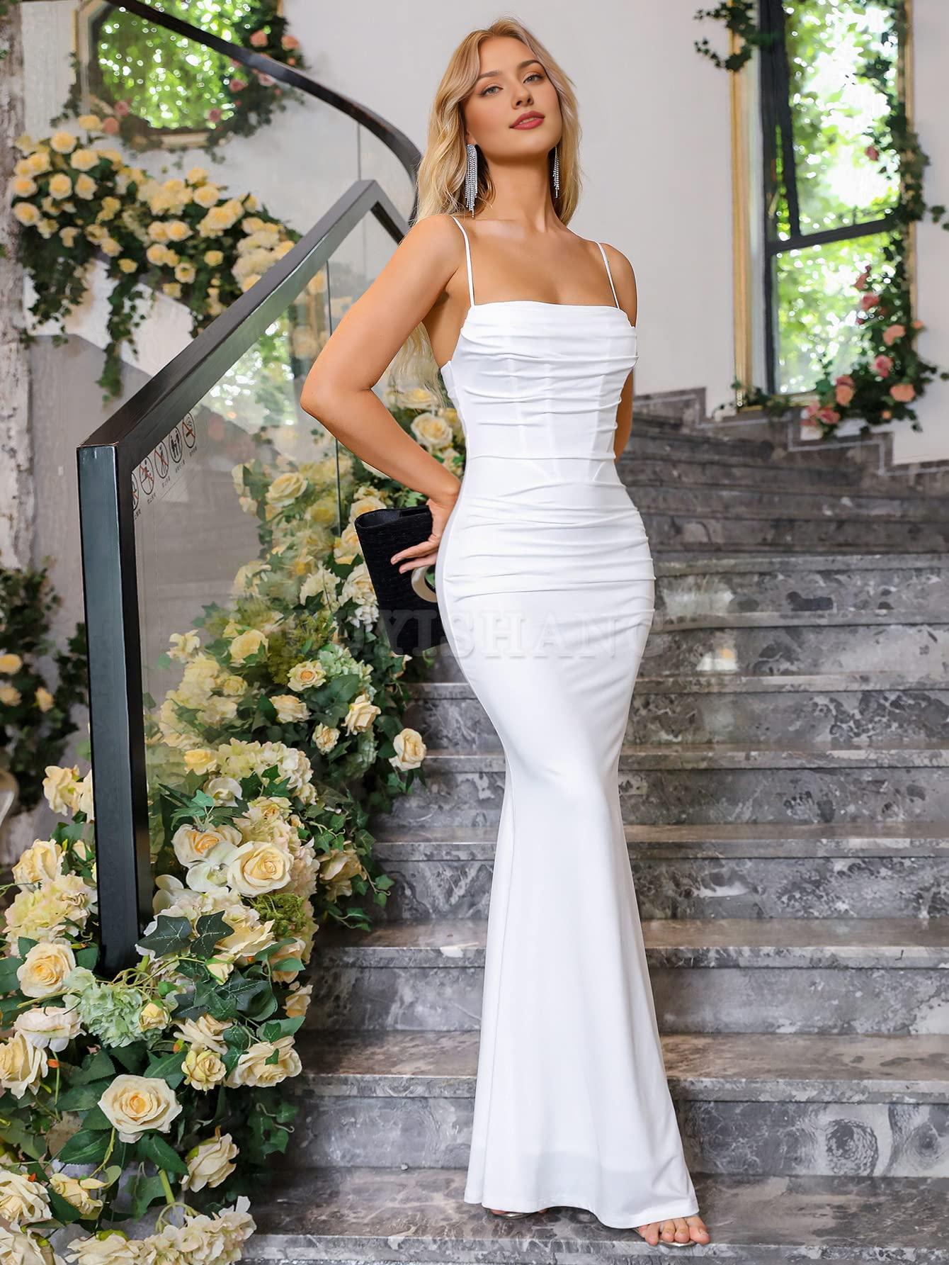 Buyishang Women's Sleeveless Bodycon Corset Maxi Dress Spaghetti Strap Ruched Elegant Evening Party Long Dresses prom dress shop