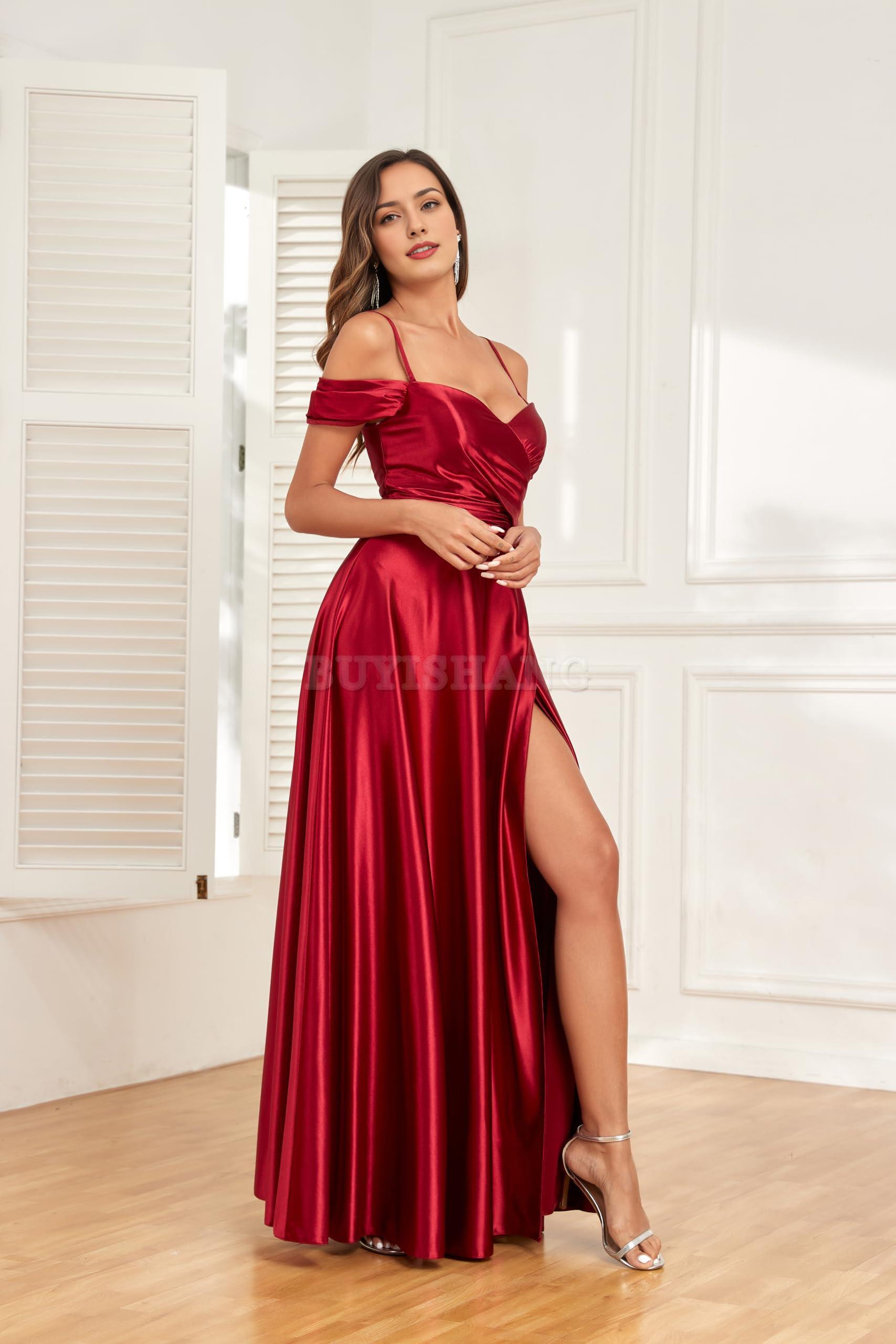 Buyishang Off Shoulder Satin Bridesmaid Dresses Spaghetti Strap Long Ruched A Line Formal Prom Dress with Slit prom dress shop