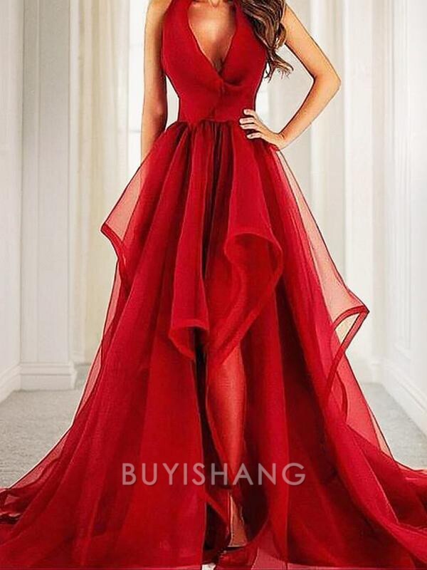 Buyishang Simple A-Line/Princess V-neck Court Train Organza Evening Dresses With Ruffles formal wear dresses