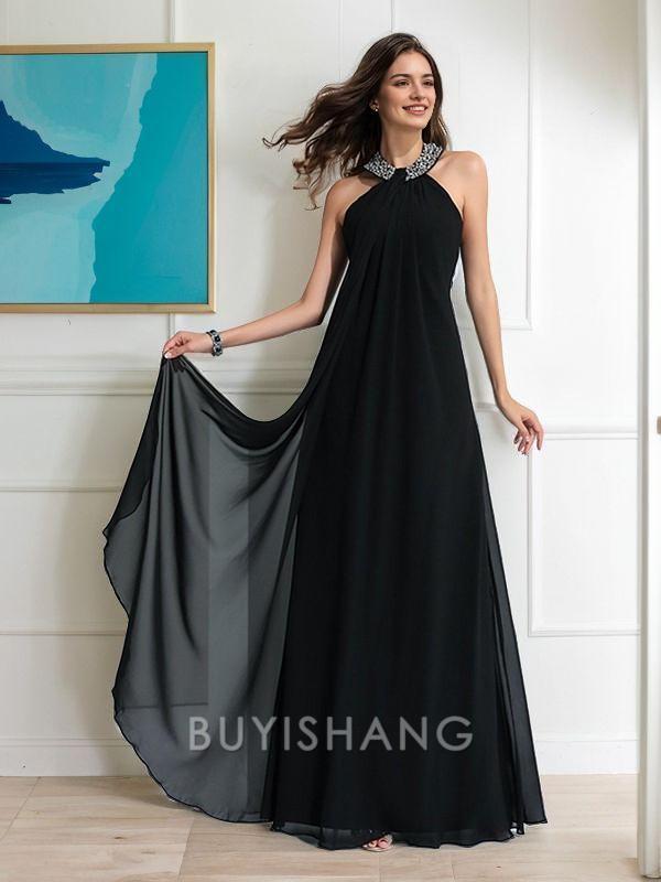 Buyishang Simple A-Line/Princess Halter Floor-Length Chiffon Evening Dresses With Beading formal wear dresses